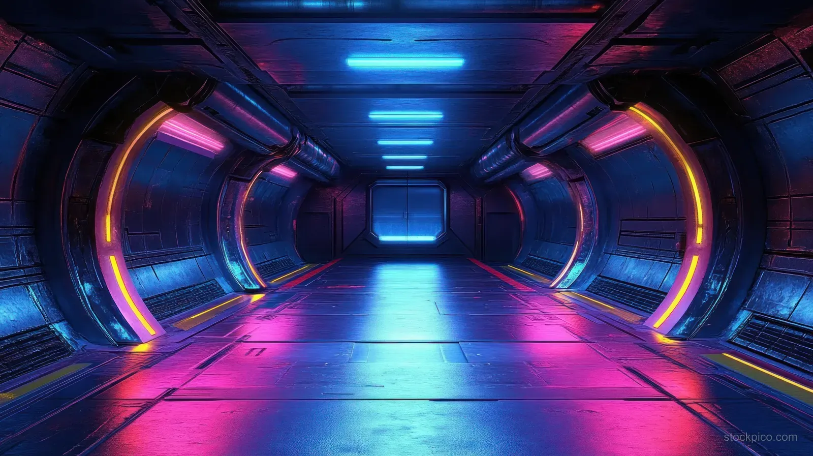 A futuristic corridor glows with blue neon lights and metallic panels, fading into a bright vanishing point.