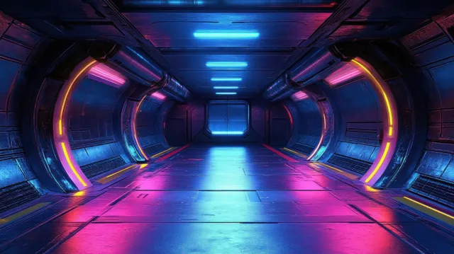 Futuristic sci-fi corridor stretching into distance with neon blue lighting and metallic panels