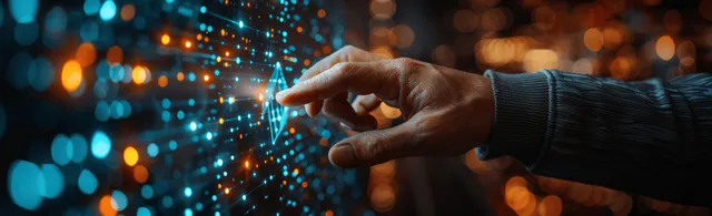 A gloved hand scans a fingerprint sensor beside glowing network lines over a server room backdrop.