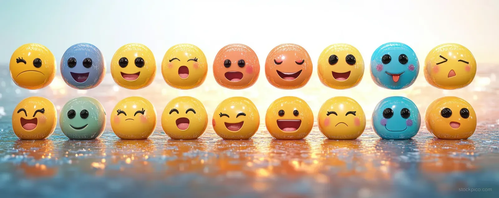Multiple emoji faces with different expressions sit in a colorful collage with pastel tones and soft reflections.