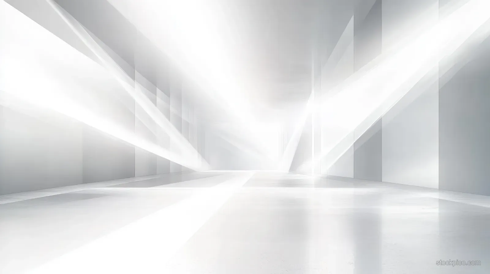 White futuristic hallway interior with glowing light beams reflecting on a shiny floor under soft illumination.