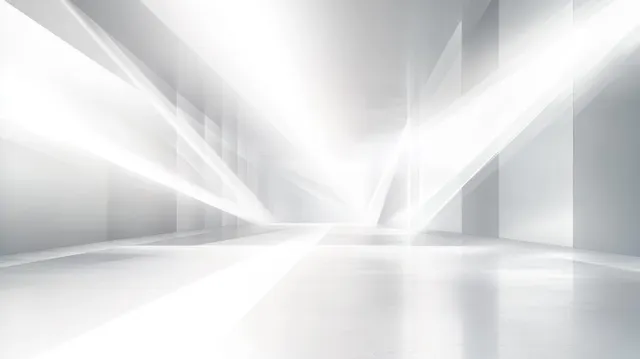White futuristic hallway interior with glowing light beams reflecting on a shiny floor under soft illumination.