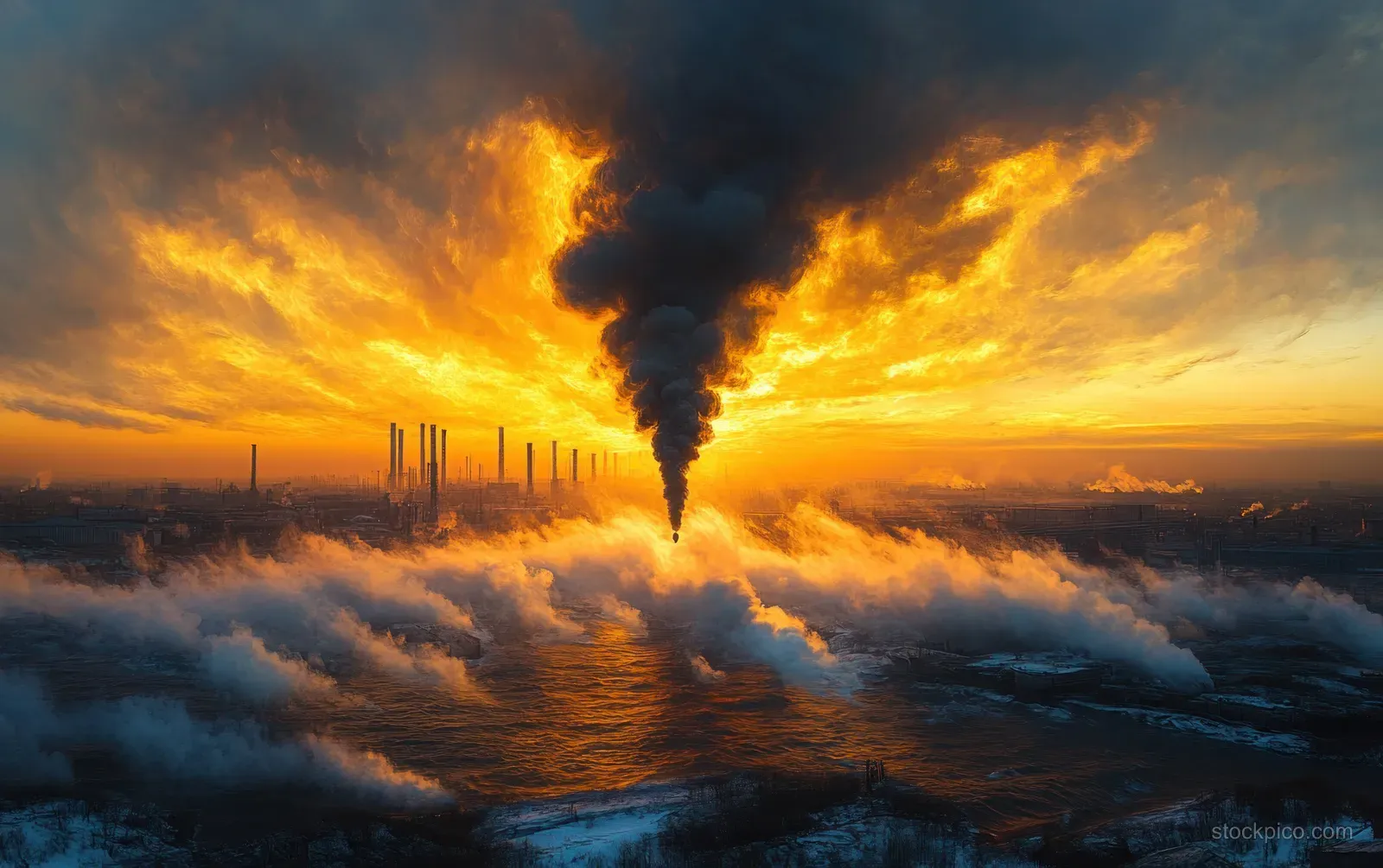 Smokestacks from an industrial plant emit thick black smoke into a fiery orange sunset sky.
