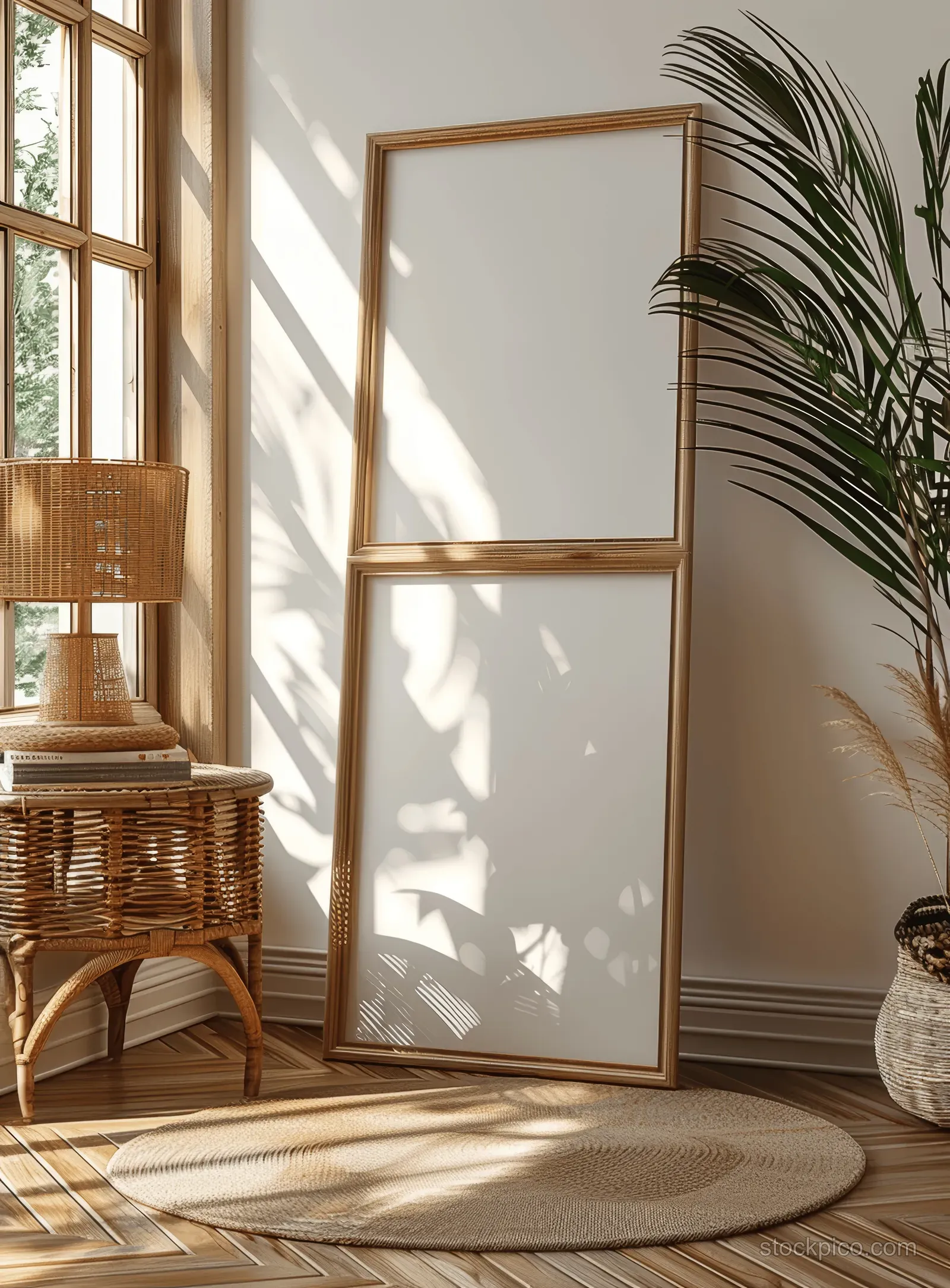 Blank wooden frame poster leaning on a floor beside a wicker side table in a bright bohemian room.