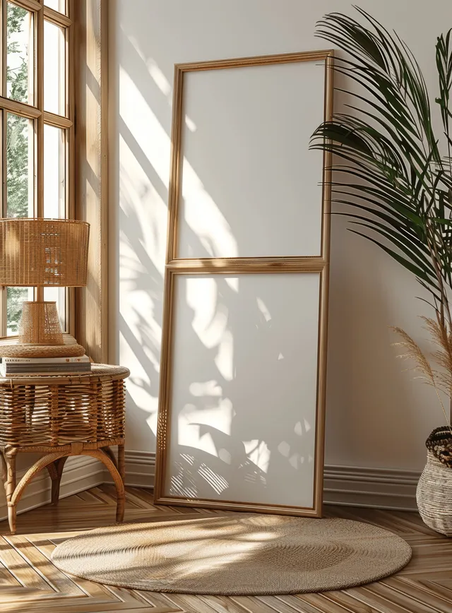 Blank wooden frame poster leaning on a floor beside a wicker side table in a bright bohemian room.