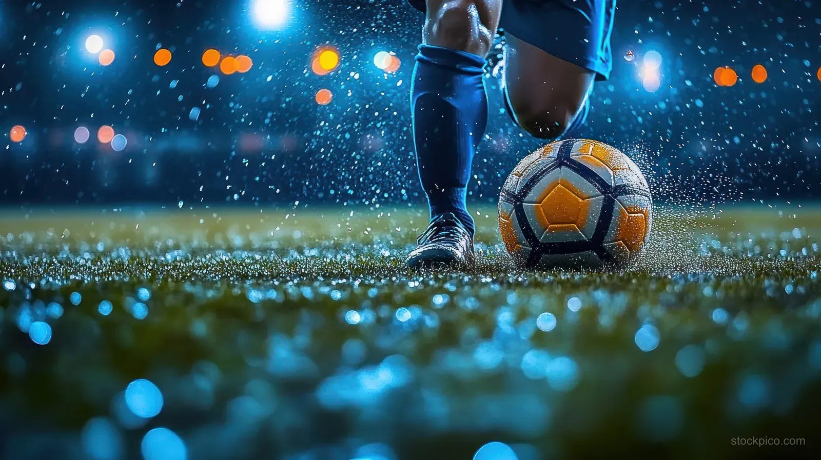 A soccer player kicks a ball on a wet field at night with visible rain droplets and bright stadium lights in back.