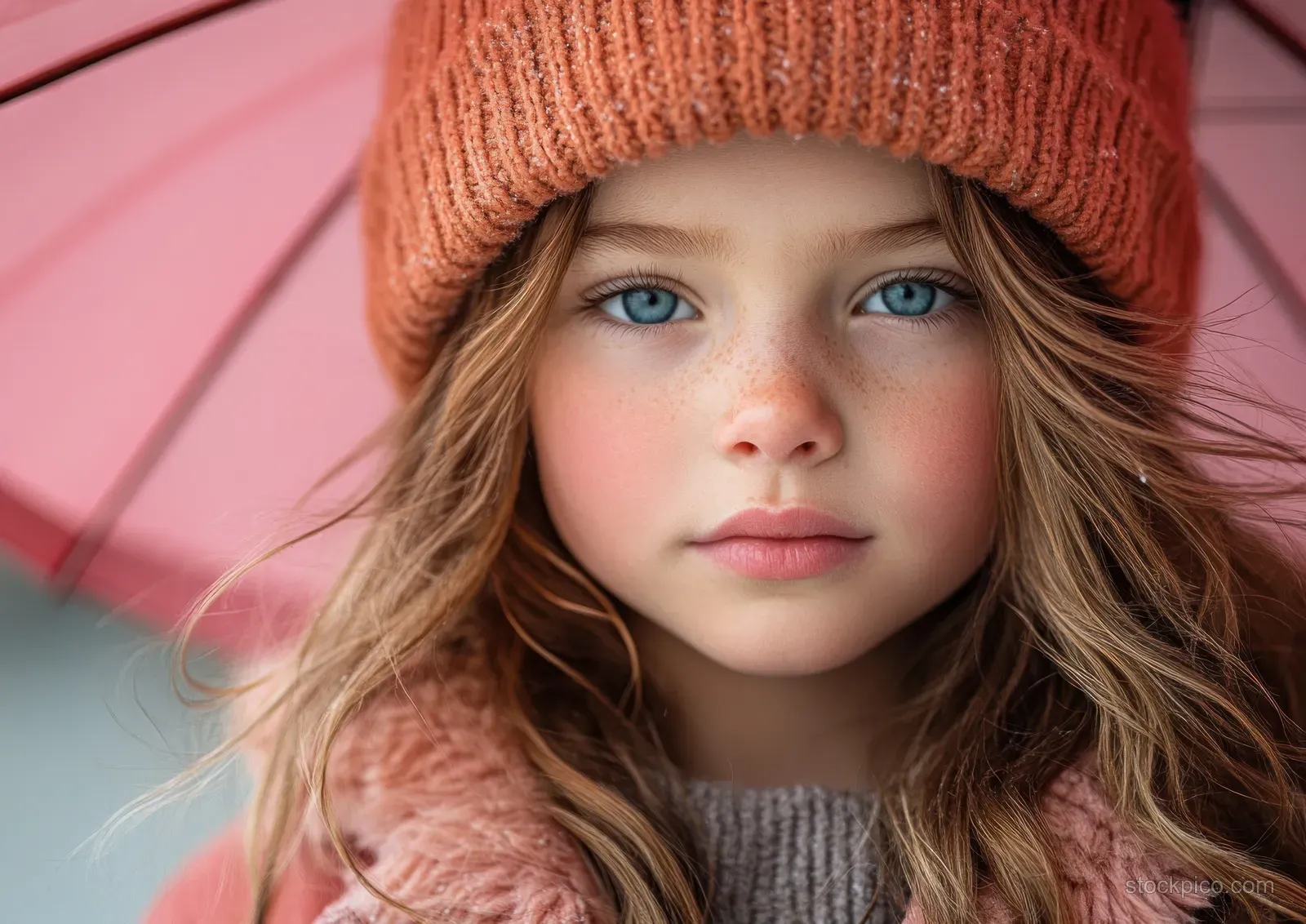 Smiling girl with blue eyes wearing a pink hat and holding a pink umbrella in a park close-up.