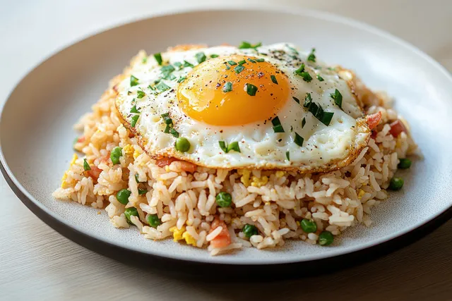 Fried rice on a white plate topped with a sunny-side-up egg, peas, carrots, chopped herbs, and black pepper.