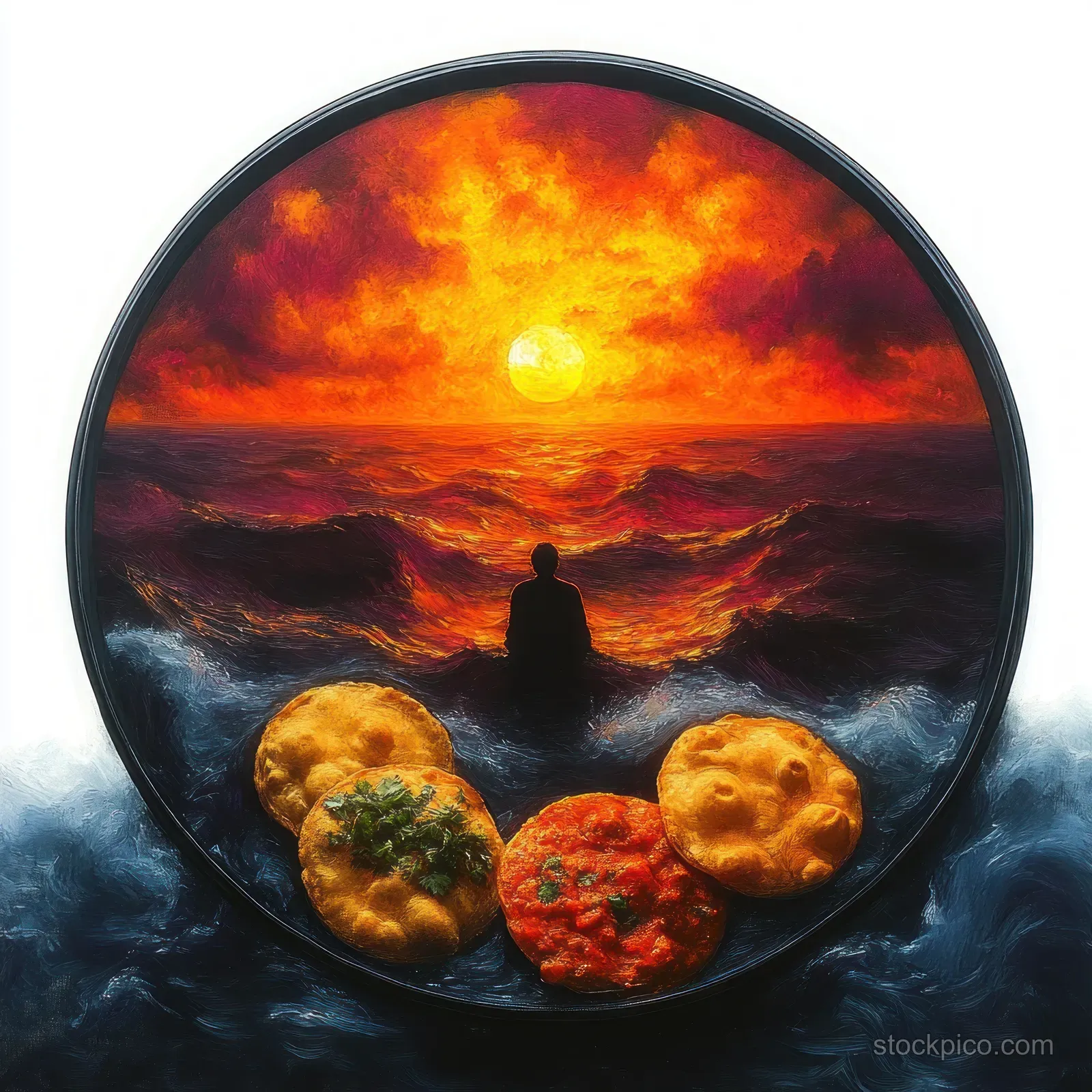 A lone silhouette watches a fiery ocean sunset while four fried bread pieces rest in the foreground.
