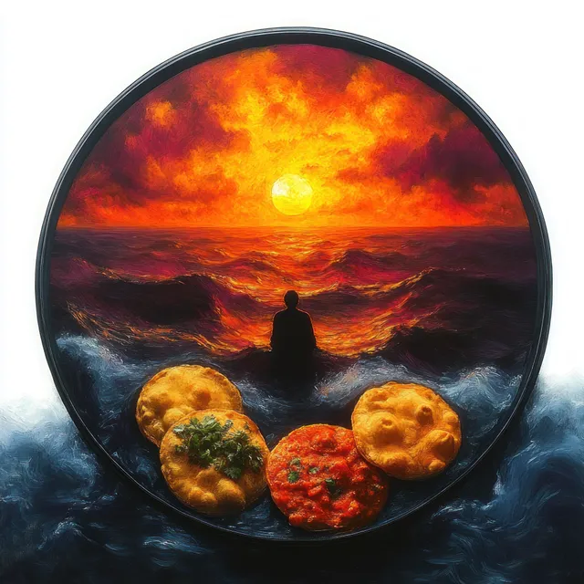 A lone silhouette watches a fiery ocean sunset while four fried bread pieces rest in the foreground.