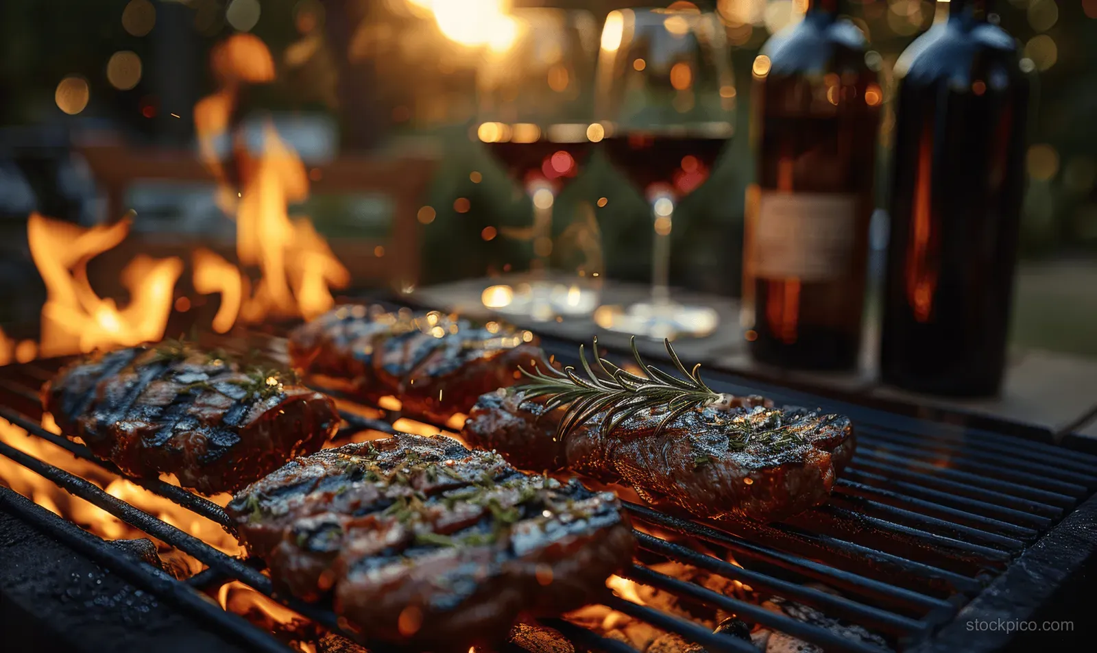 Friends enjoy a joyful outdoor BBQ dinner in a garden, surrounded by wine bottles and sizzling grilled meat.