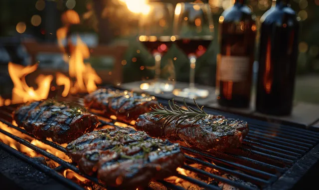 Friends enjoy a joyful outdoor BBQ dinner in a garden, surrounded by wine bottles and sizzling grilled meat.