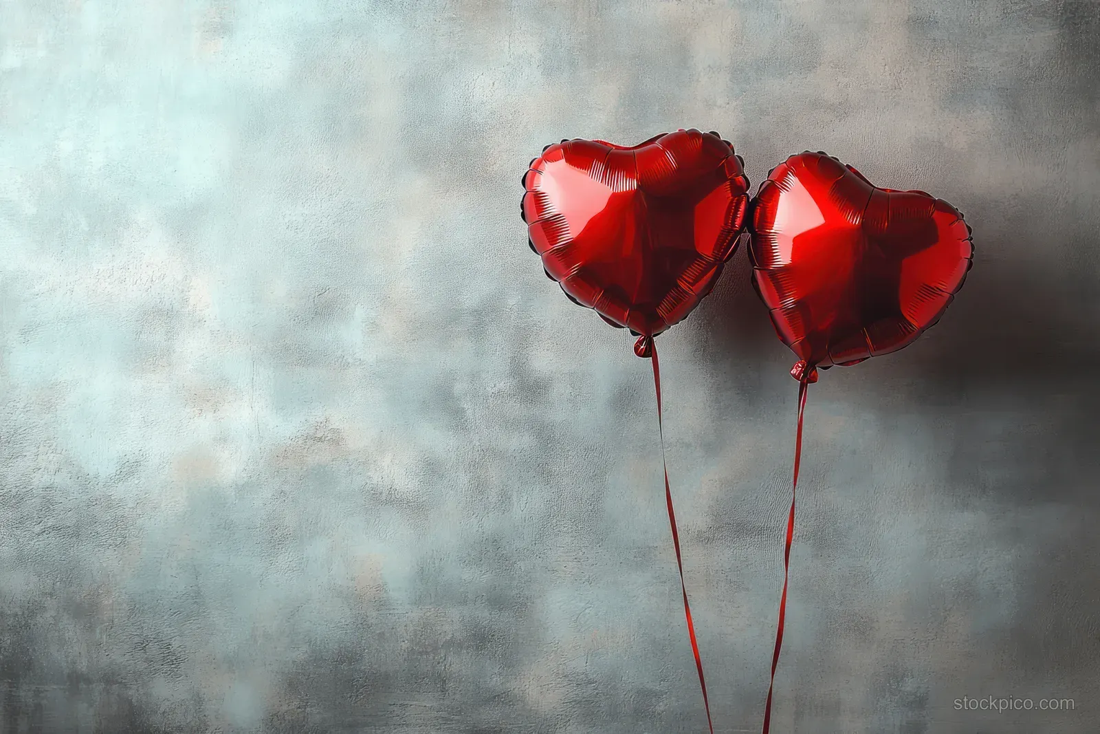 Two red heart-shaped balloons tied with thin strings against a gray concrete wall with soft shadows.