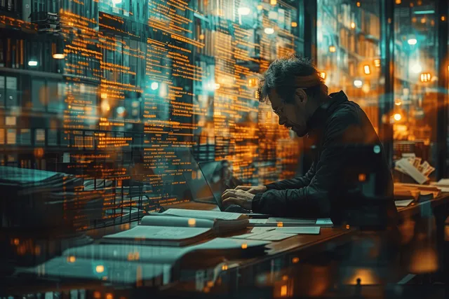 A businessman reviews a virtual checklist on a laptop while a glowing code wall surrounds the desk.