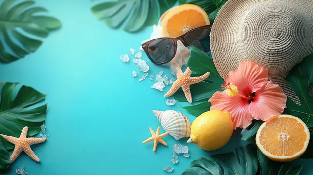 Tropical beach flat lay with starfish, sunglasses, citrus slices, seashells, and ice cubes on a blue background.