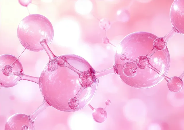 Close-up pink molecular model with transparent spheres connected by bonds on soft bokeh background with Depth Of Field