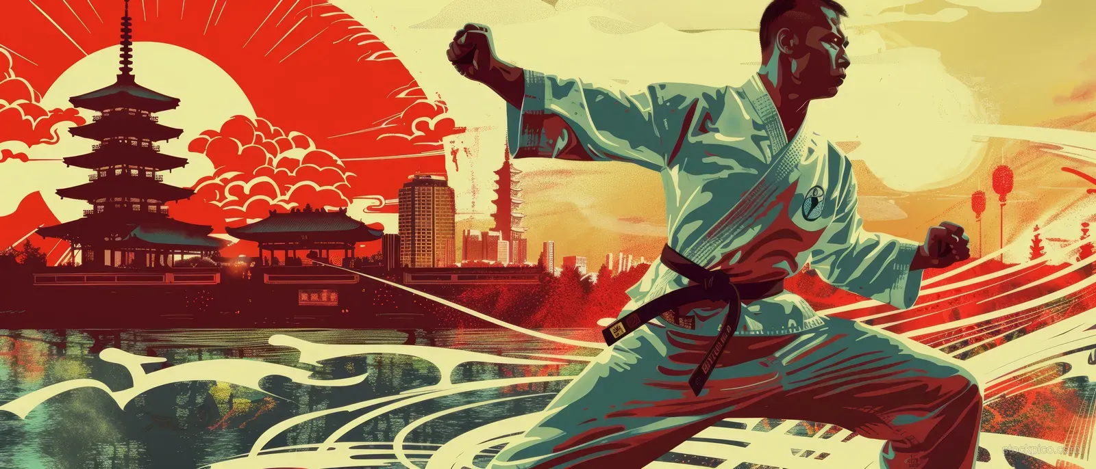 A karate practitioner strikes a kata pose with dramatic red and gold motion lines behind temple landmarks.