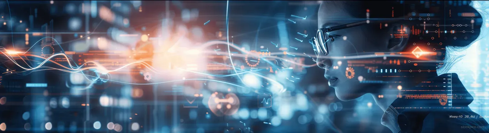 A doctor and lab technician work in a futuristic lab as holographic AI medical data overlays float above equipment.