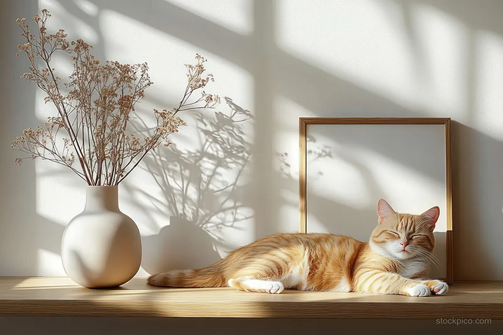 An orange tabby cat peacefully sleeps beside a beige vase of dried flowers, bathed in warm sunlight.