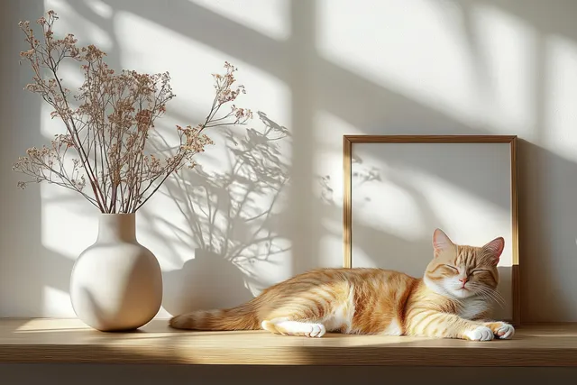 An orange tabby cat peacefully sleeps beside a beige vase of dried flowers, bathed in warm sunlight.