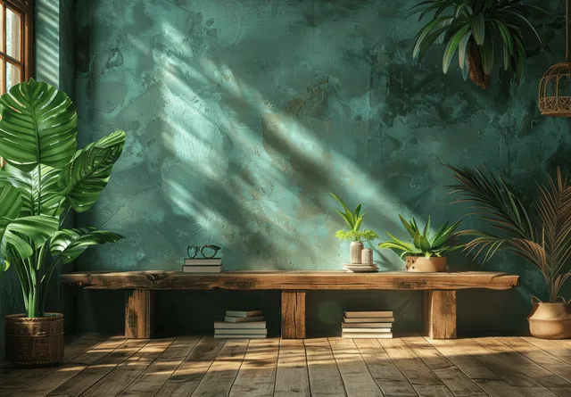 3D boho interior mockup with wooden table against green palm leaf wall and sunlit shadows