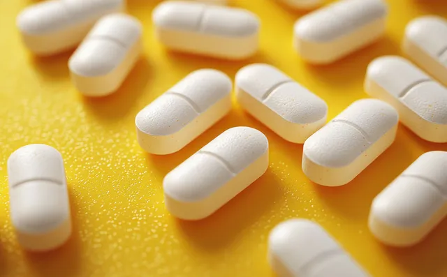 Scattered white oblong tablets lie on a bright yellow textured surface in a close-up view.