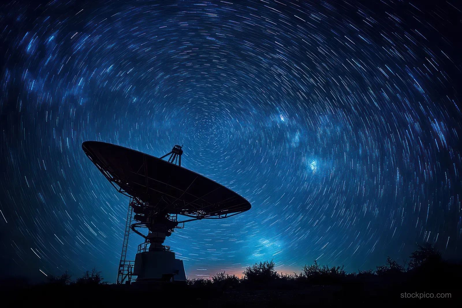 Silhouetted satellite dish radio telescope beneath a starry night sky with circular long-exposure star trails.