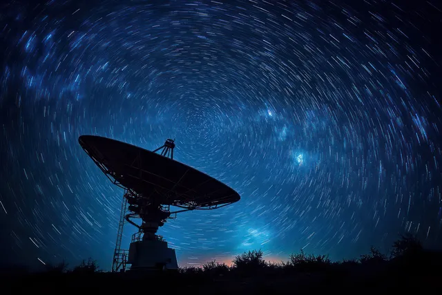 Silhouetted satellite dish radio telescope beneath a starry night sky with circular long-exposure star trails.