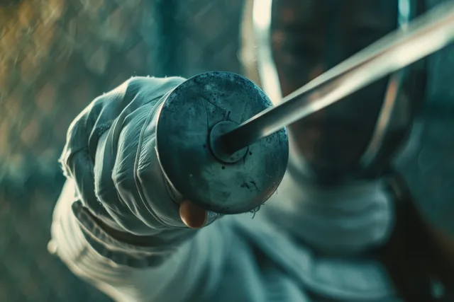 A fencer’s gloved hand grips an épée guard with a blurred fencing strip background.