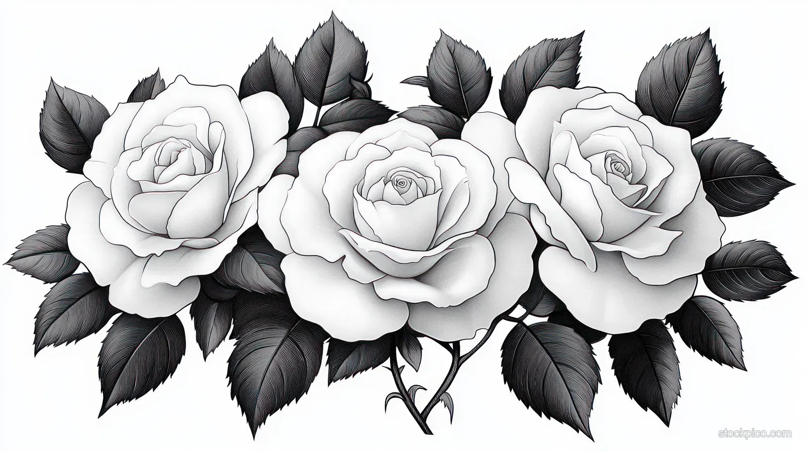 Three black and white roses bloom in a row, surrounded by dark leaves with visible vein details.
