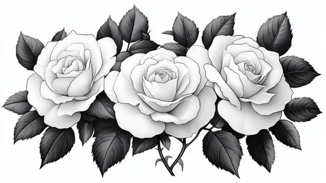 Three black-and-white blooming roses with detailed leaves arranged in a row