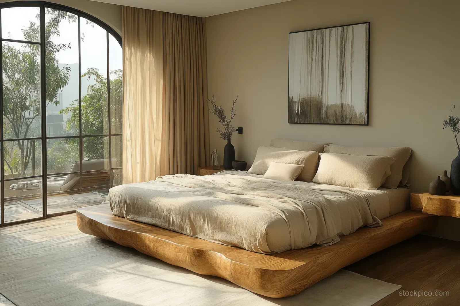 Serene bedroom with wooden platform bed, neutral bedding, and sunlight through large arched windows and beige curtains.