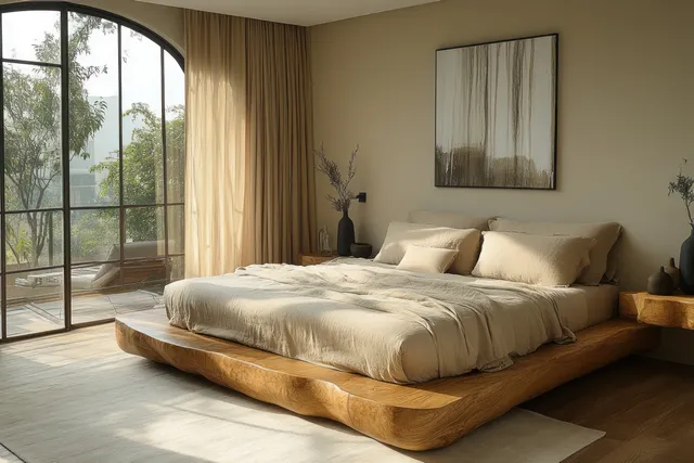 Serene bedroom with wooden platform bed, neutral bedding, and sunlight through large arched windows and beige curtains.