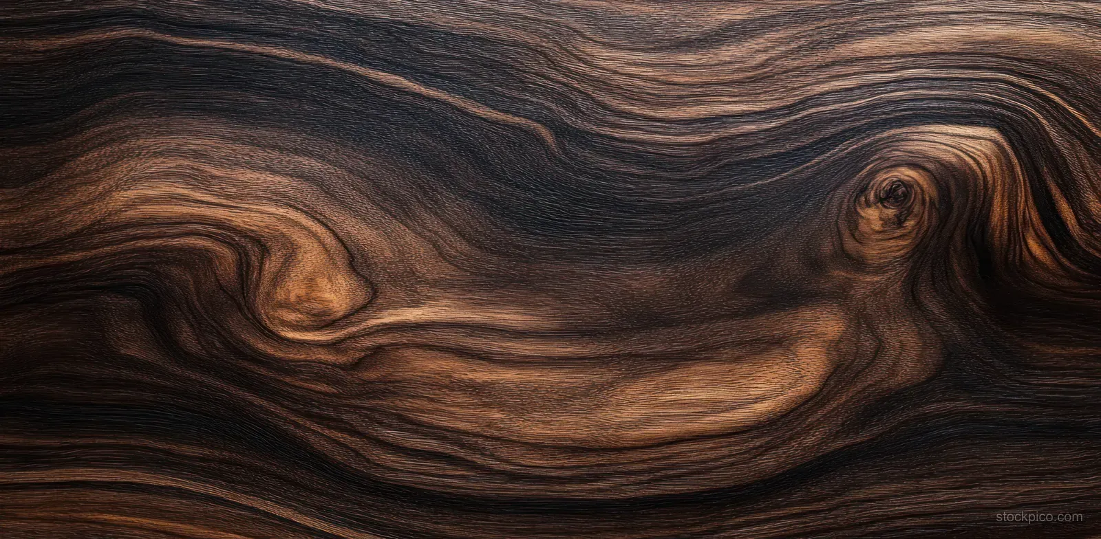 Dark brown wood grain with swirling patterns and knots.