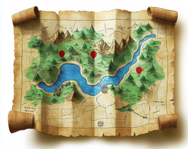 Hand-drawn vintage map on aged parchment with rivers, mountains, roads, and red markers