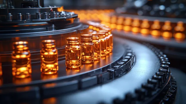 Glowing glass ampoules move along a curved conveyor inside an automated pharmaceutical production line.
