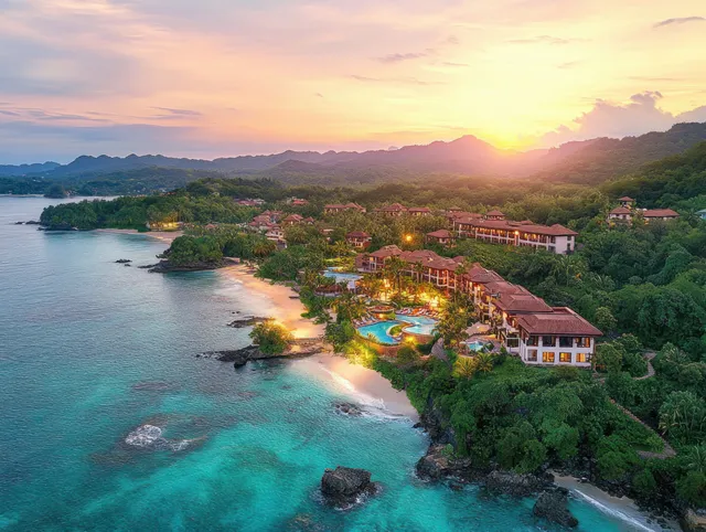 Aerial view of Okinawa seaside resort at sunset over turquoise shoreline and warm lights