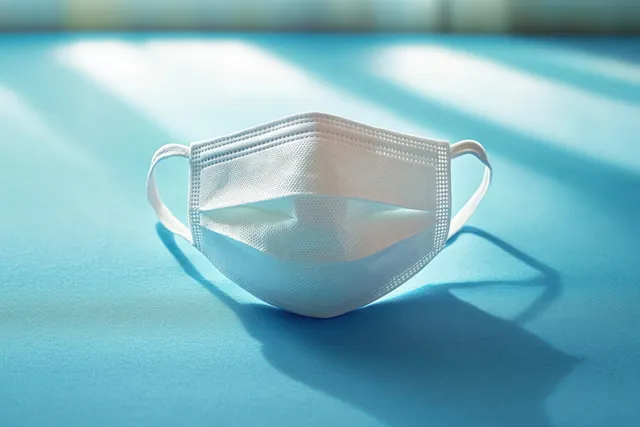 White disposable face mask resting on a smooth blue surface with soft shadows