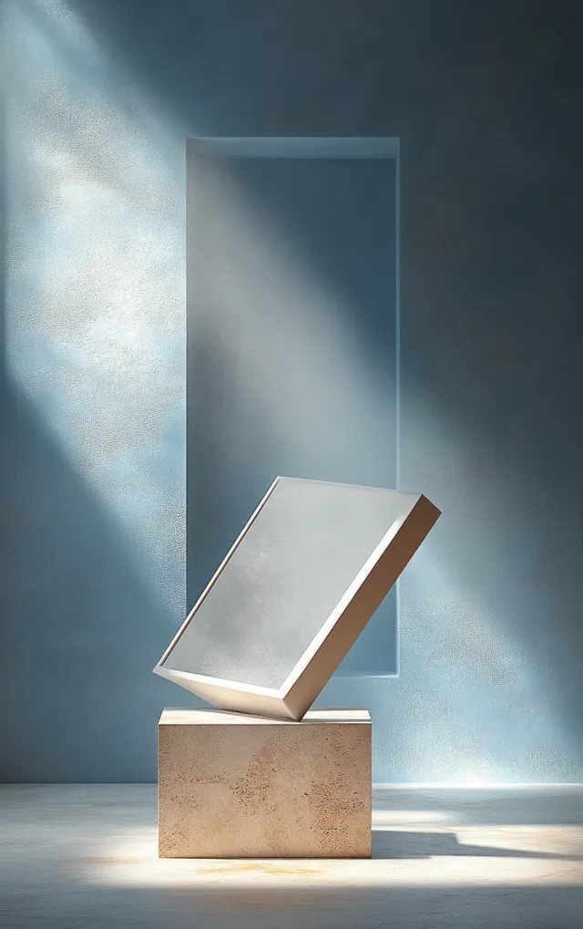 A tilted frame sits on a pedestal with soft light casting shadows on a blue-gray background.