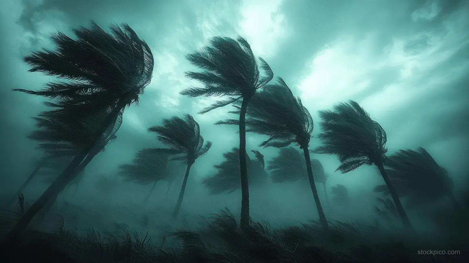 Palm trees bend in strong wind beneath a dark stormy sky.
