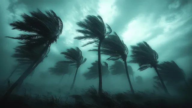 Palm trees bending in fierce wind beneath a dark stormy sky