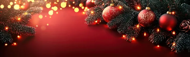 Pine garlands and red Christmas ornaments frame a glowing festive background with warm light bokeh.