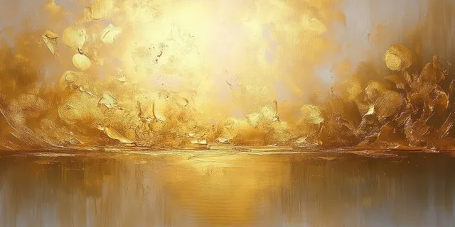 Abstract gold texture artwork with shimmering glow over a bright white background