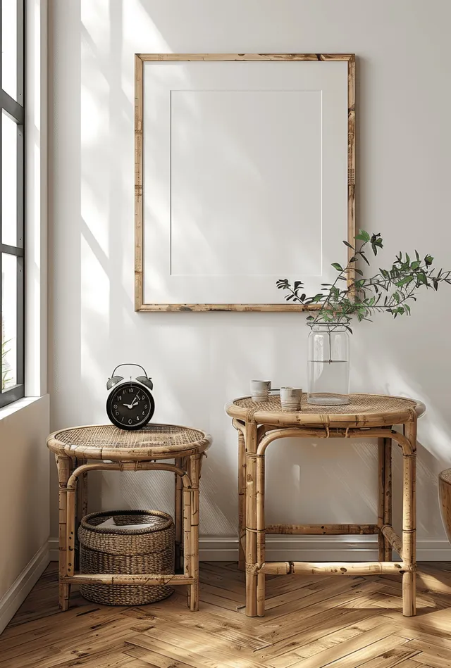 Nordic living room corner with rattan tables, black clock, and blank frame on white wall
