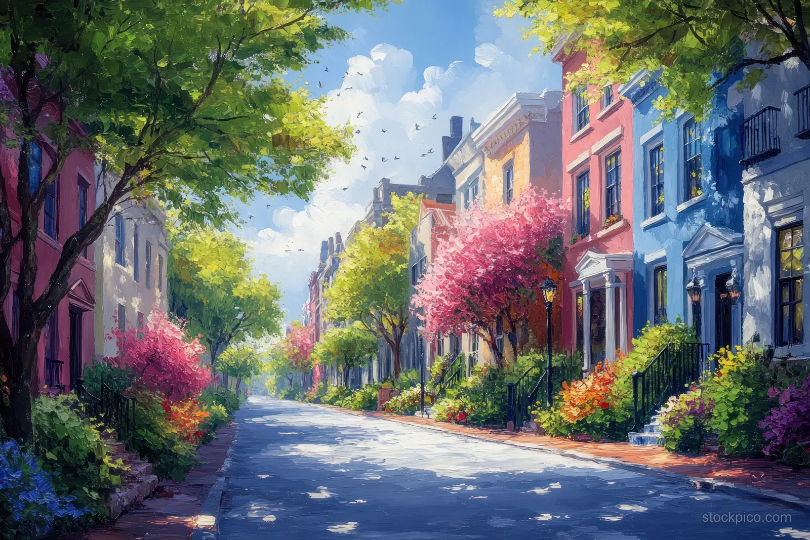 Colorful townhouses line a quiet street with blooming flowers and green trees under a sunny sky.