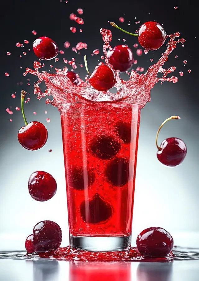 Flying cherry juice splash with whole cherries suspended above a glass on white