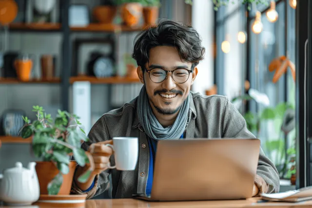 Smiling young Asian man works on a laptop at a home office desk with a coffee cup nearby.
