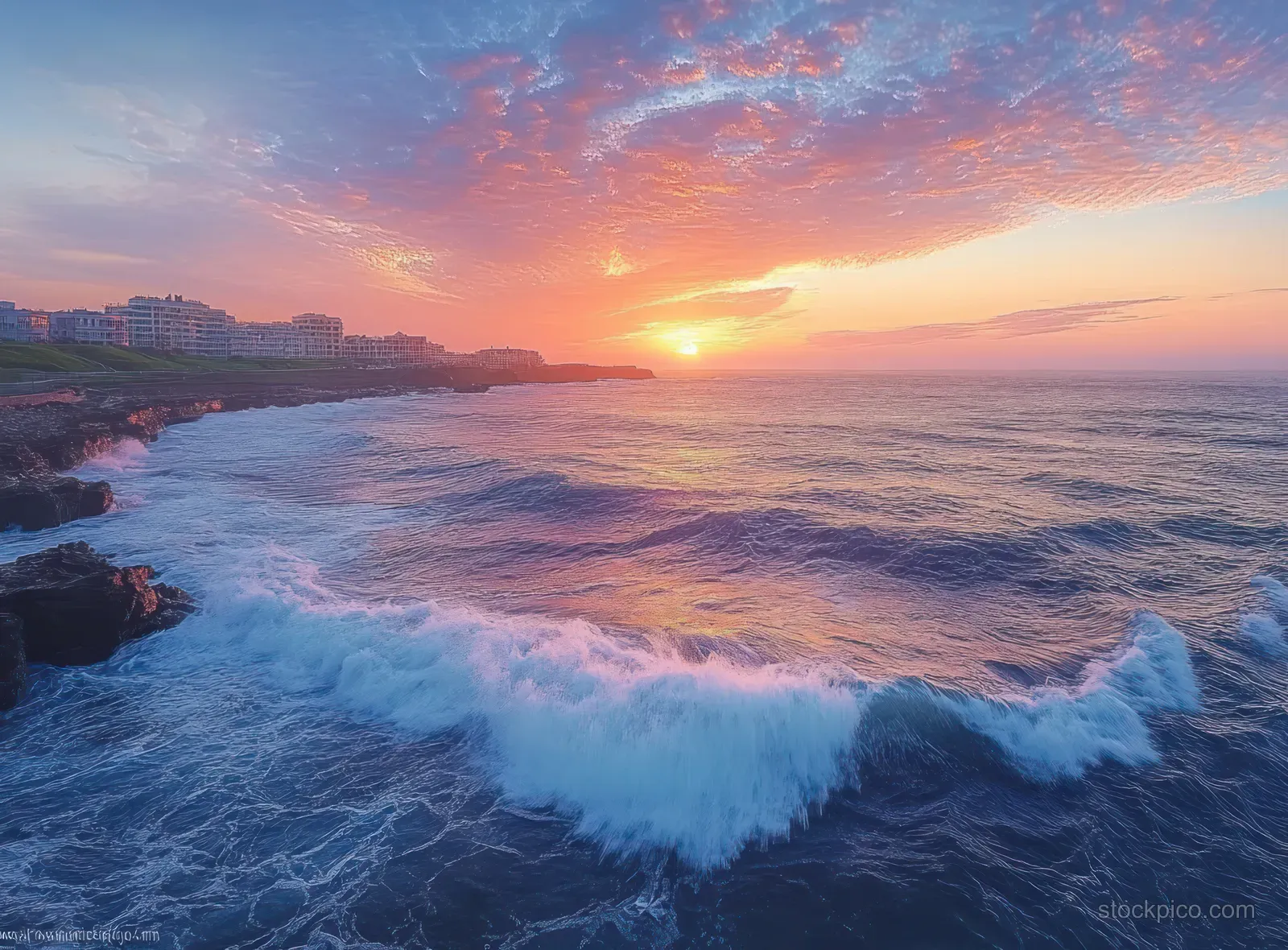 A vibrant sunset over a rocky shore with gentle waves and a luminous sky creates a peaceful coastal atmosphere.