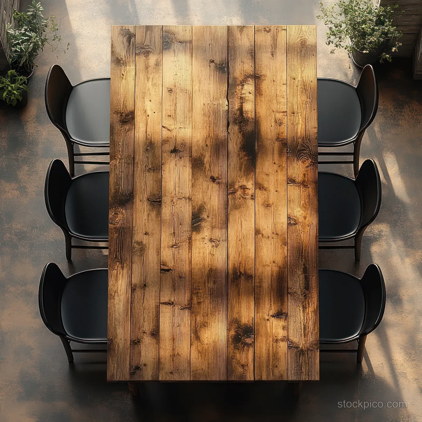 Top view of a rustic wooden dining table surrounded by six black chairs under warm sunlight and long shadows.