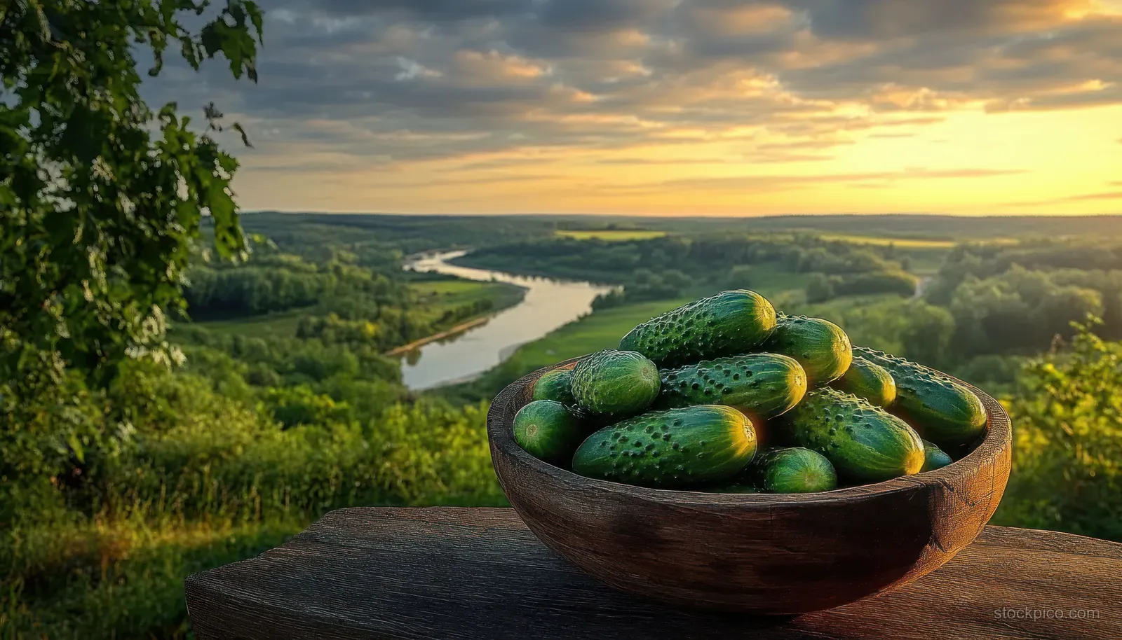 Fresh cucumbers in a wooden bowl on a table with a winding river and green forest at golden sunset.